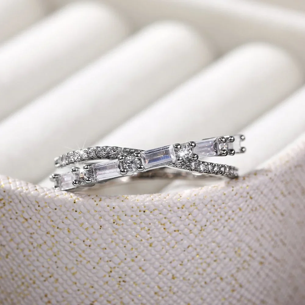 😍Fashion Party Two Lines Cross Zircon Anillos Trendy Silver Rings Women, L231
